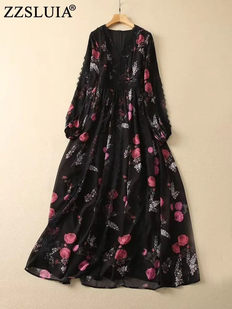 

ZZSLUIA элегантные платья для женщин с цветочным принтом кружевное дизайнерское тонкое длинное платье модные винтажные платья с рукавами-фона...