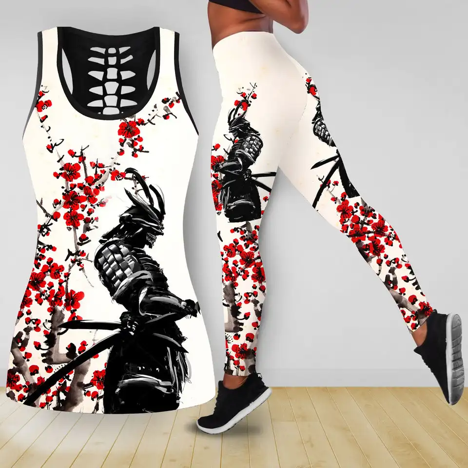 

Samurai Warrior Red Flower Combo Legging Tank Top Outfit Fitness Pants Summer Vest Yoga Suit