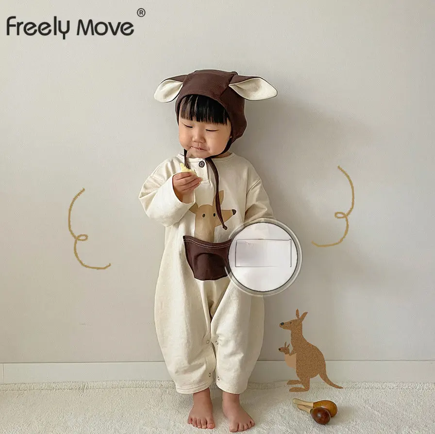 Freely Move Autumn Newborn Cotton Warm Baby Wear Clothes Fashion Cartoon Printed Pullover O Neck Pocket Patchwork Button Romper
