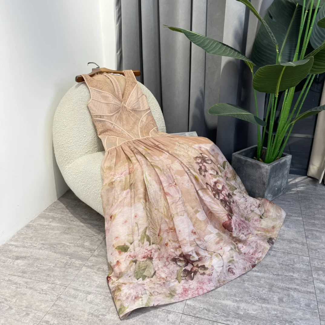 

2022 Summer High Quality Fish Bone See Through Mesh Sleeveless Silk Linen Pink Midi Dress