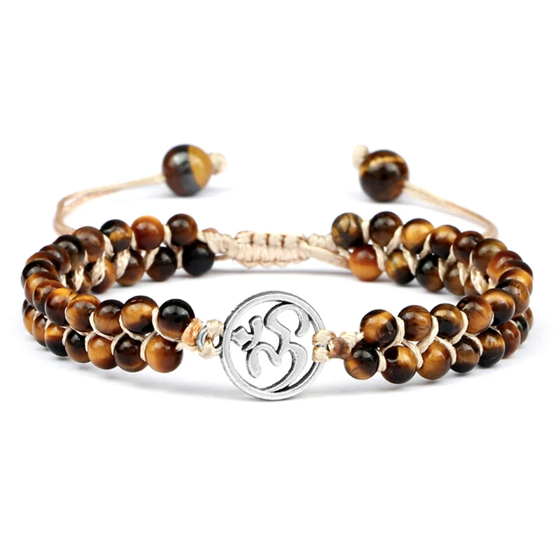 

Браслет ручной работы с бусинами 4 мм, тигровый глаз, красный натуральный камень, амулет с символом Ом, плетеные браслеты в стиле бохо для йог...