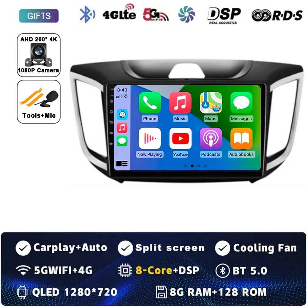 

Автомобильный радиоприемник Android 14 для Hyundai Creta ix25 2015-2019, навигационный мультимедийный плеер, стерео Wi-Fi + 4G DVD-видео DSP BT Carplay DVD