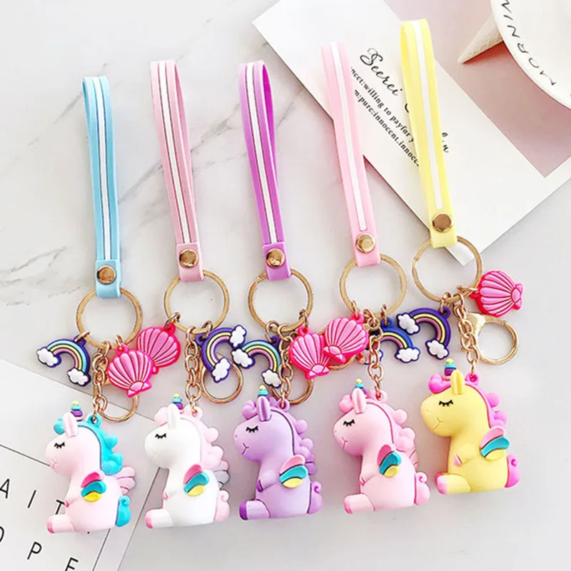 

Cute Rainbow Shell Pony Unicorn Keychain PVC Animal Keychain Ladies Gift Girl Bag Pendant Character Jewelry Keyring Wholesale