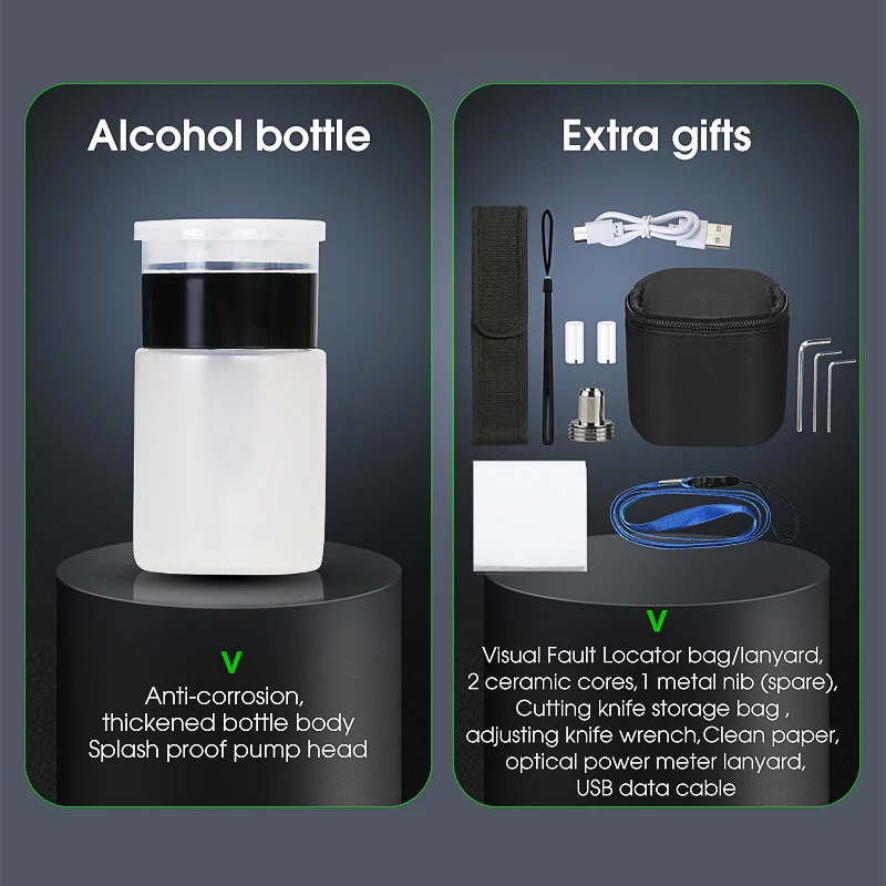 FTTH Fiber Optic Tool Kit with AUA-7S Fiber Cleaver -50+26dBm/-70+10dBm rechargeable Mini Optical Power 10MW Visual Fault Locato