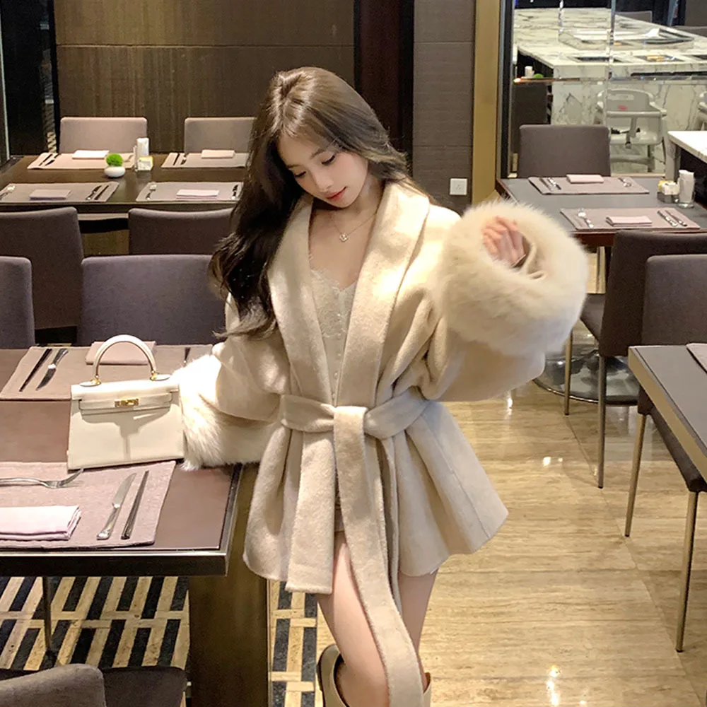 Корейская Двусторонняя кашемировая куртка Женское зимнее пончо из лисьего меха