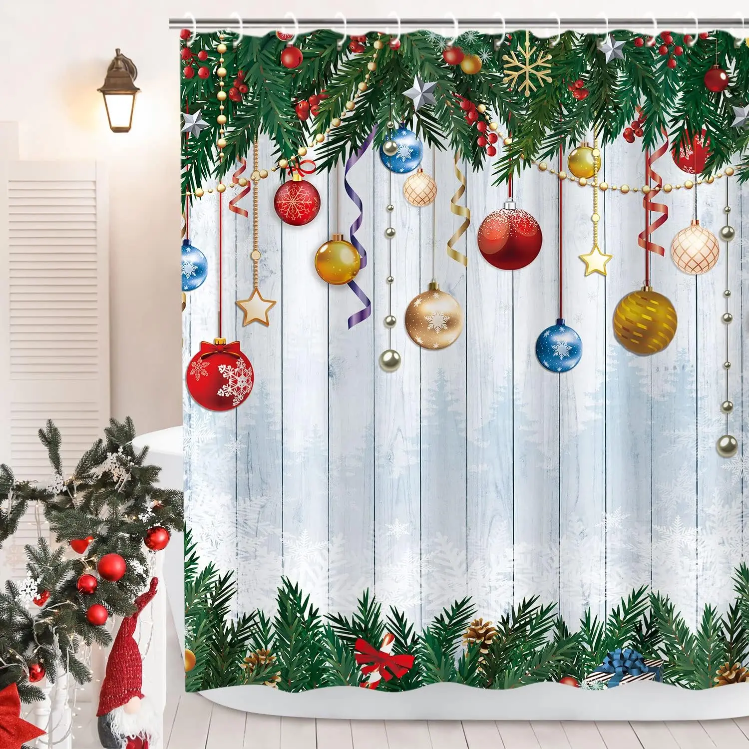 

Рождественская занавеска для душа, красные, зеленые рождественские шары, Сосновая елка, Снежинка, снеговик, зимние праздничные тканевые украшения для ванной комнаты с крючками