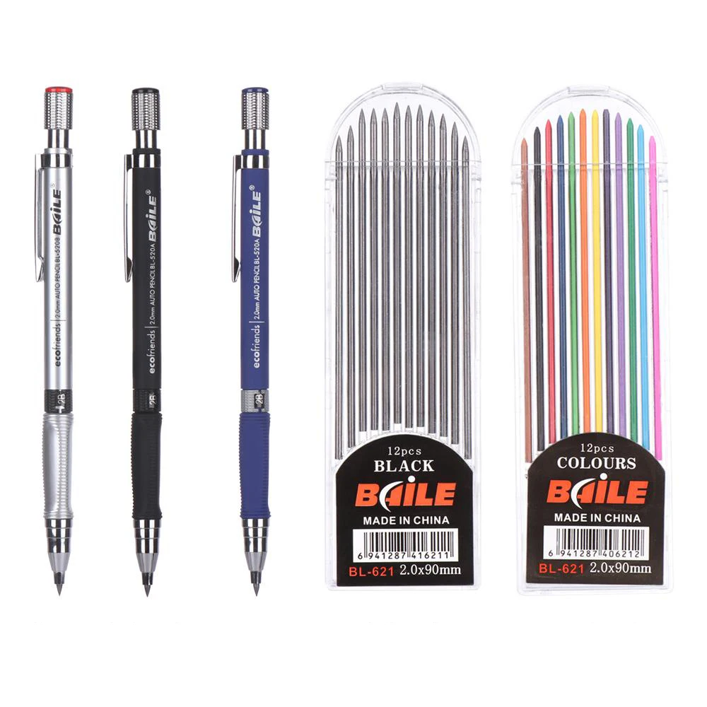 

2.0mm Mechanical Pencil Set 0.5/0.7mm 2B Drawing Writing Activity Pencil With12-Color Refill Stationery Office School Supplies