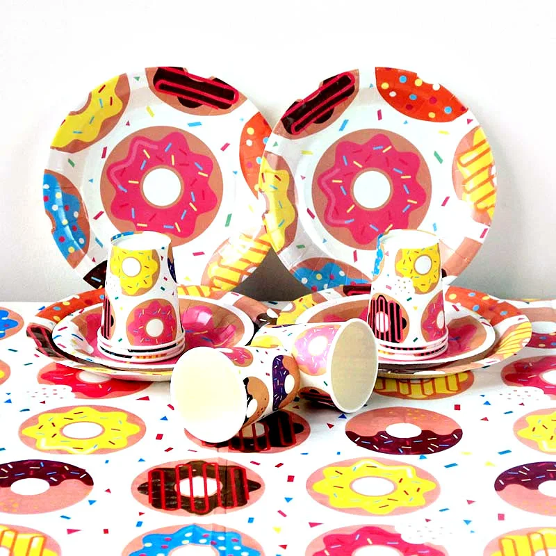 

Donut Cutlery Disposable Tableware Cup Balloon Banner Cake Topper Happy Birthday Baby Shower Party Decor Hanging Kid Favor