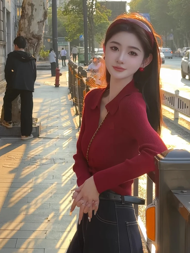 Plus Size Red Polo Collar Long sleeve Knit T-shirt Women Early Autumn Design Sense Slim fit Lapel Inner wear Bottoming Shirt Top