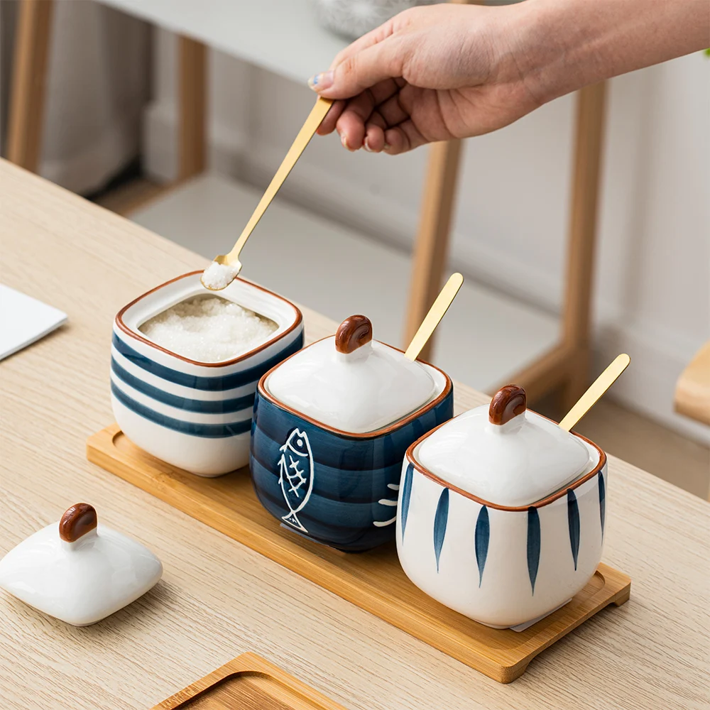 

Банки для специй в японском стиле, банки для специй, домашний декор, керамические глиняные кухонные бутылки для хранения, набор настольного ...