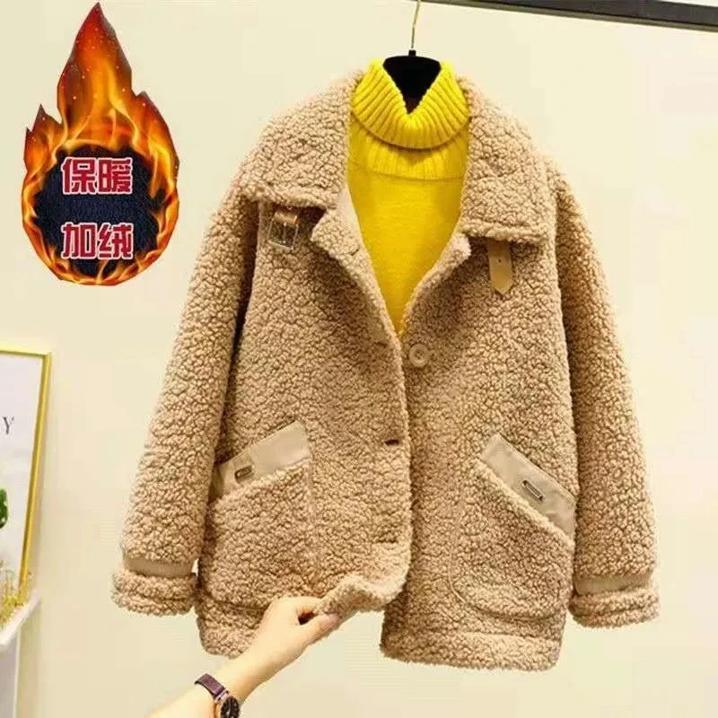 

Faux Fur Coat Womens 2022 New Autumn Winter Korean Fashion Loose Thick Warm Grain Velvet Imitation Lamb Plush Fur Jacket Women