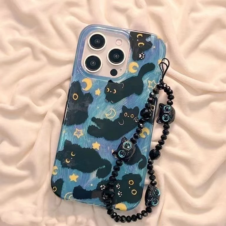 Фото Чехол для телефона с рисунком Dreamy Moon Cute Cat Doodle для iPhone 16e 16 15 14 13 12 11 Pro Max X Xs XR XSMax Plus с текстурой перьев №3