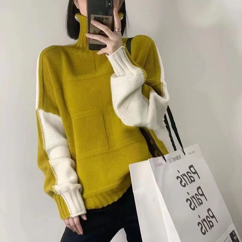 

Fashion Tops 2022 Women Pullover Splicing High Collar Loose Sweater Women's Autumn Winter Thick Warm Oversized Sweater Women