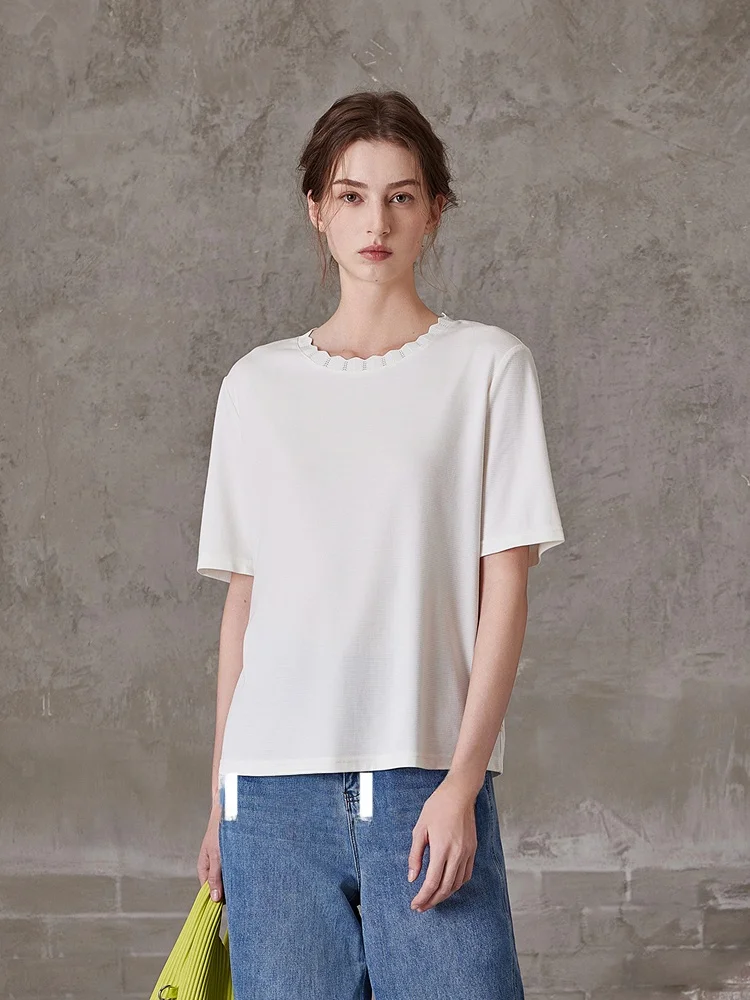 Кружевной воротник/Mslan24 ранняя весна простая универсальная футболка с круглым