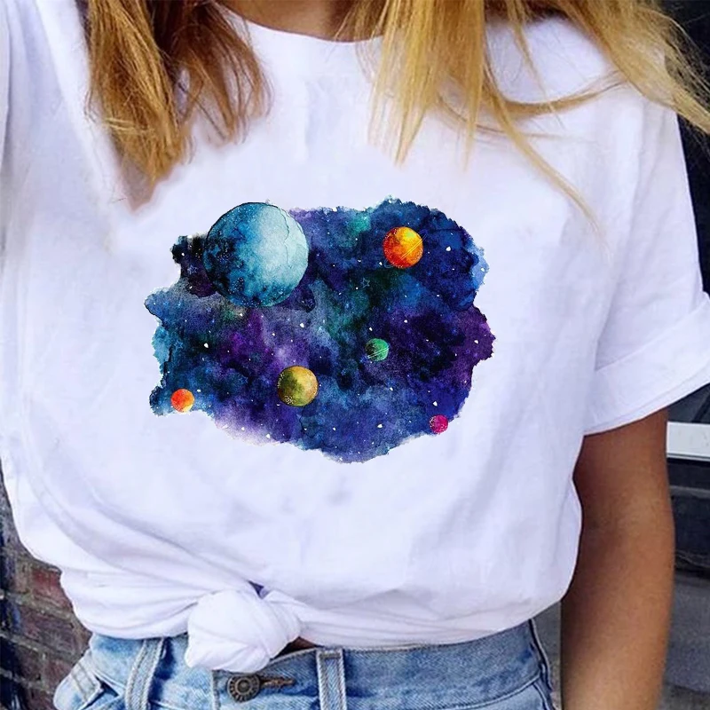 

Women Graphic Watercolor Trend Style Cute Fashion Space Universe 90s Girl Lady Clothes Tops Tees Print Female Tshirt T-Shirt