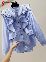 leisure womans contrast color three dimensional ruffles stitching shirt 2022 summer new temperament high end long sleeve blouse