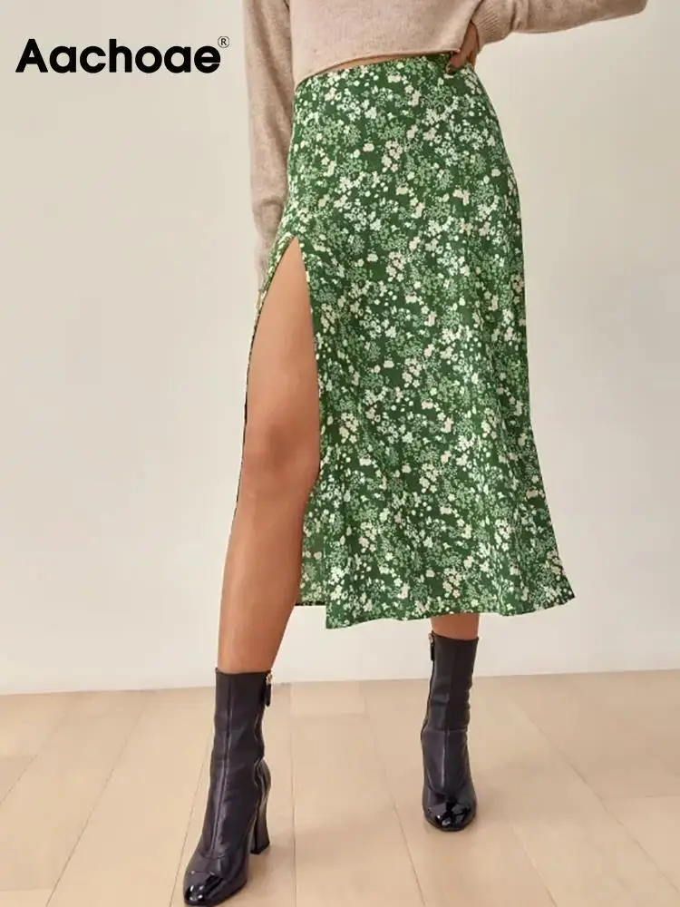 Юбка миди Женская трапециевидная с цветочным принтом разрезом завышенной талией