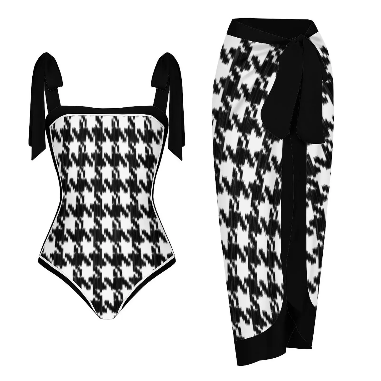 

Houndstooth Square Neck Wrapped Chest Bikini Set One-Piece Beach Outfits For Women Cover Up 2023 Summer Party Elegant Swimsuit