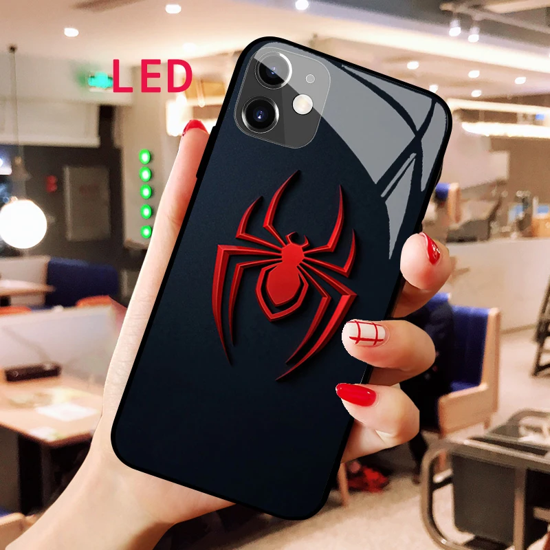 

spiderman Luminous Tempered Glass tpu phone case For Apple iphone 13 14 Pro Max Puls mini Fashion LED Backlight cool cover