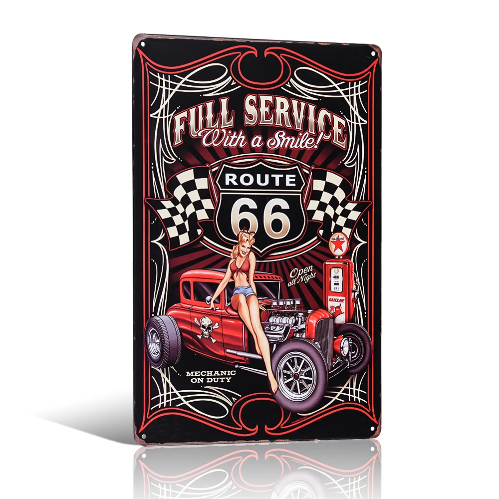 

Металлический жестяной знак Route 66, полный сервис с улыбкой, горячий стержень, декор для гаража для девочек, мужская пещера