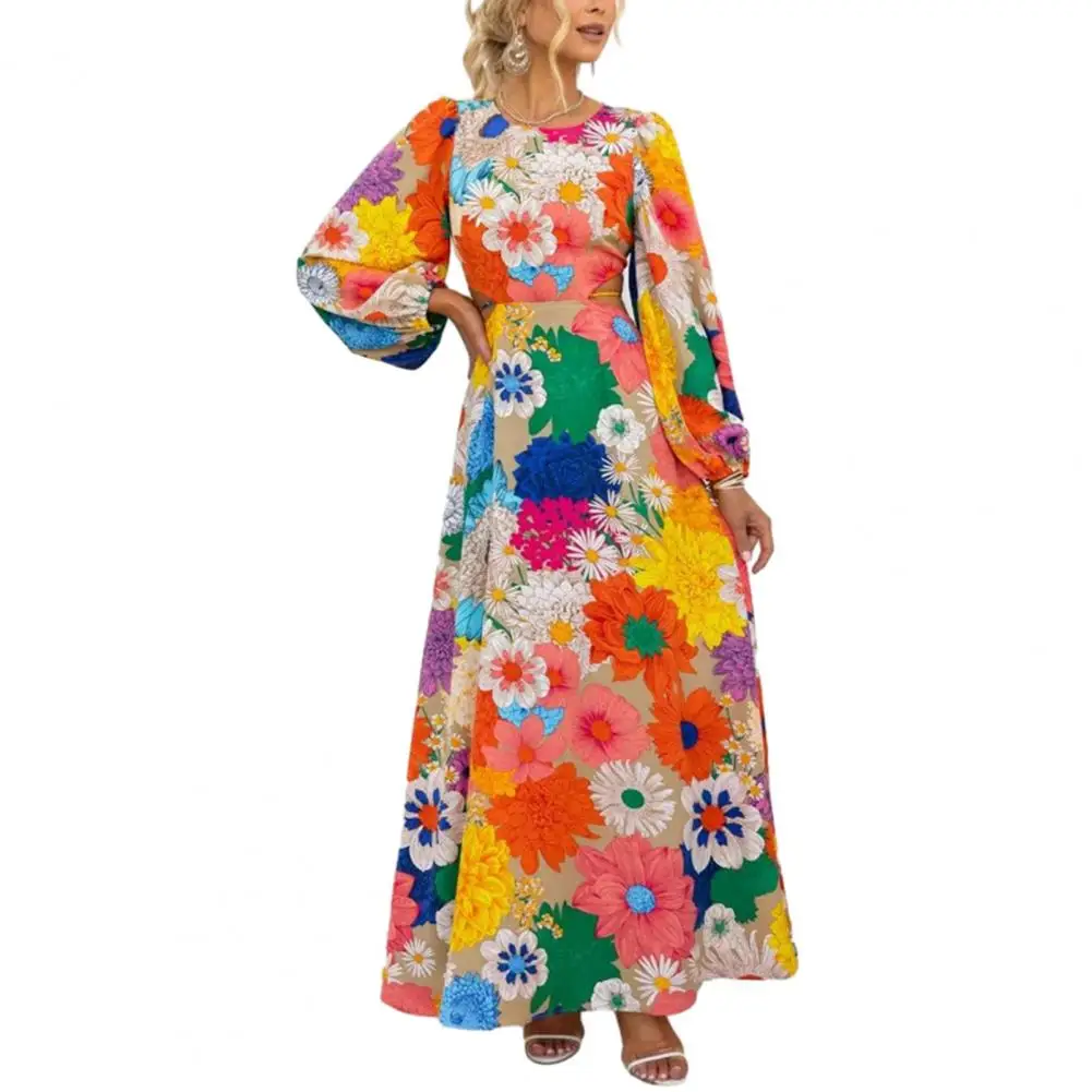 

Женское платье с цветочным принтом, разноцветное платье макси с вырезами на рукавах и высокой талией, женское платье 2023
