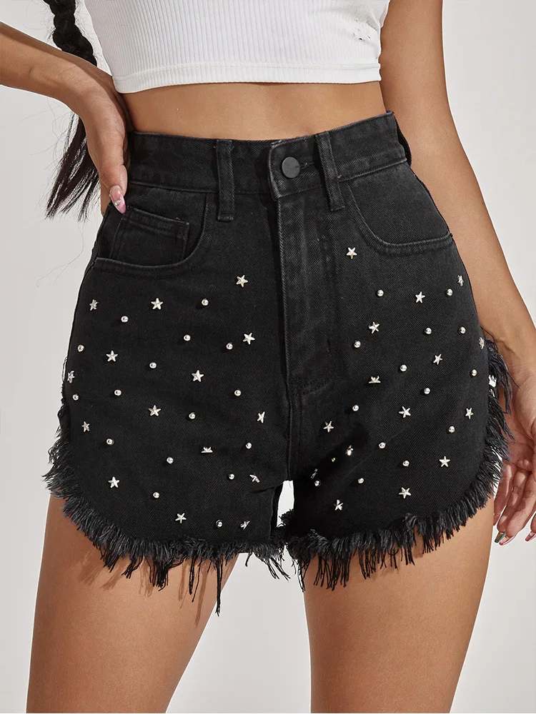 

Star Pattern Women Shorts Wide Leg Pants Black Burr Tassel Fringe Jeans Denim Shorts Streetwear Casual Short Jeans For Female