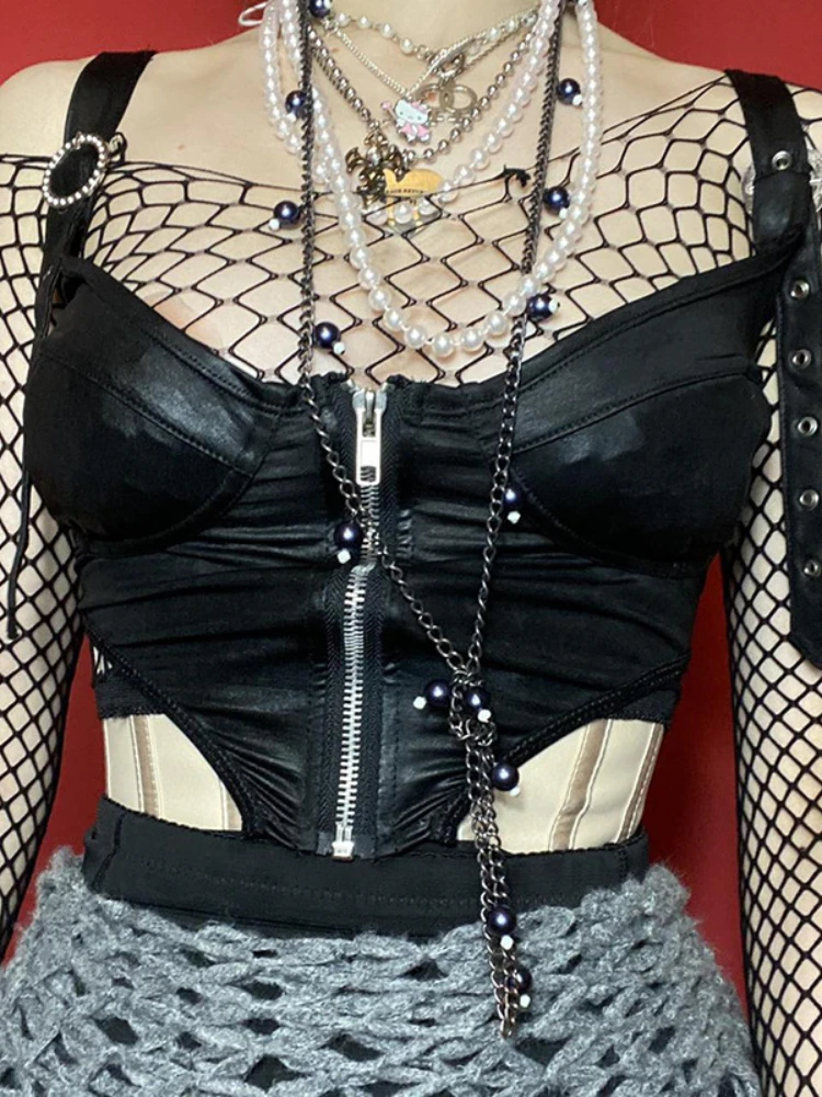 

Майка женская черная на молнии, пикантный корсет без рукавов, уличный облегающий Топ, в готическом стиле, стиль гранж, панк, на лето