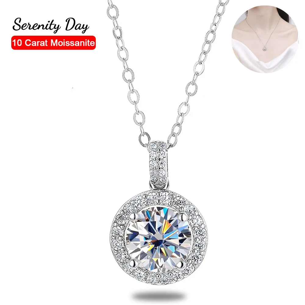 

Serenity Day Real D Color 10 Carat Big Moissanite Necklace For Women S925 Sterling Silver Classic Round Bag Pendant Fine Jewelry