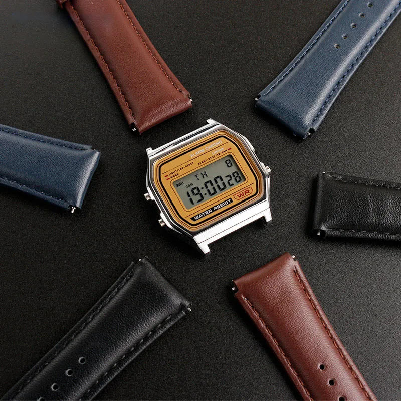 

Leather watch strap for Casio A159W-N1 A158WA A168 wristband Vintage small square metal strap quick release chain 18mm watchband