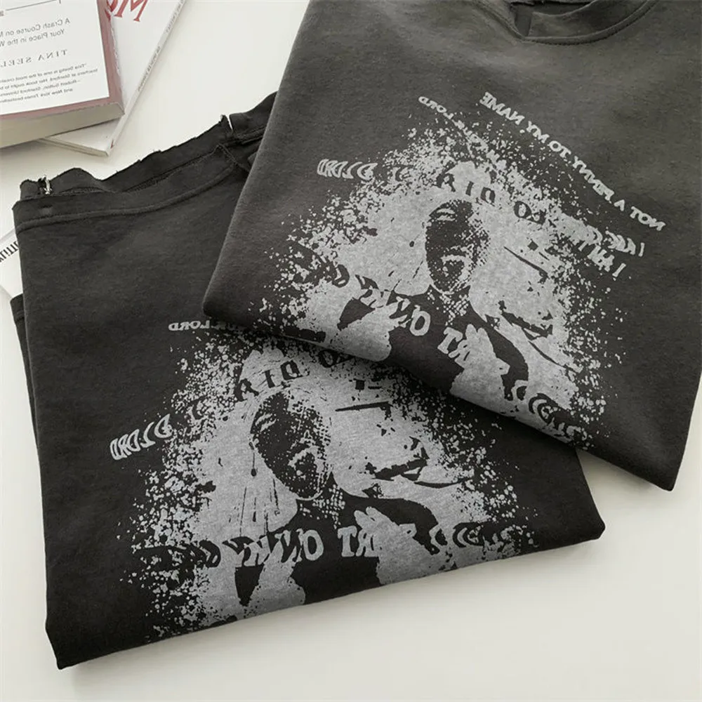 Women Vintage Print T-shirt Fairy Grunge 2021 New Autumn Long Sleeved Cool Girl Rock Strapless Tees Loose Harajuku Tops