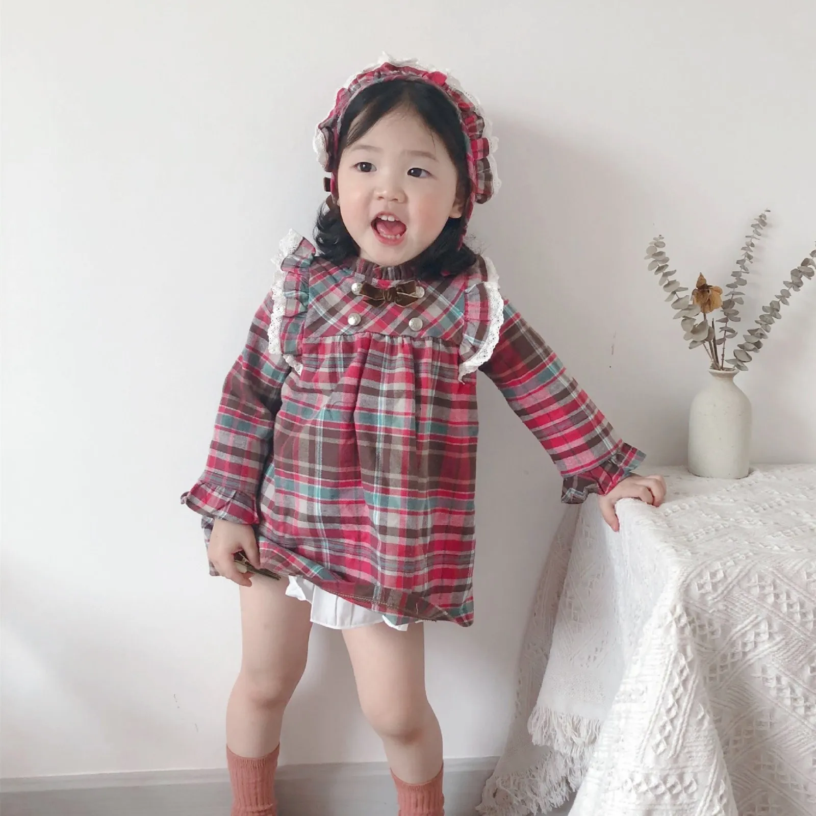 

Spanish Style Check Pattern Girls Long Sleeve Dress Sweet Princess Dress