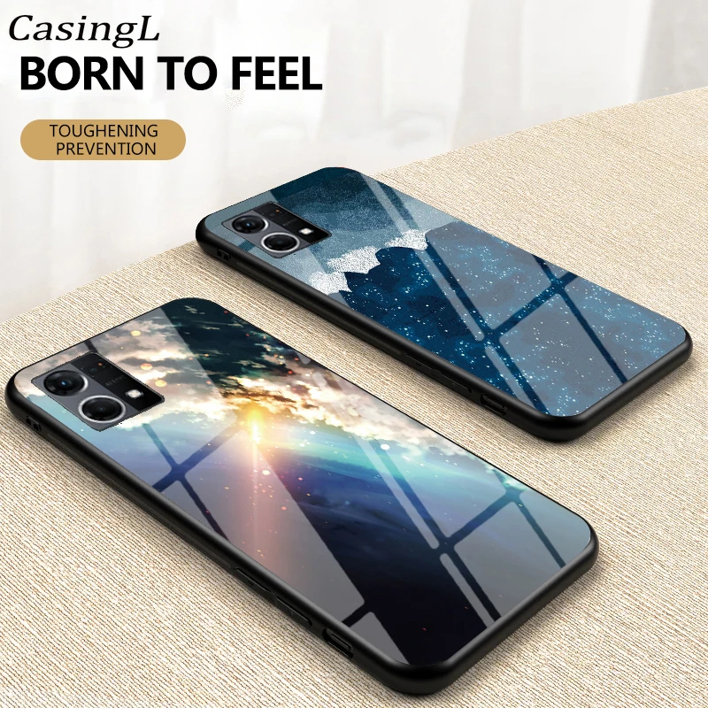 Чехол из закаленного стекла для OPPO Reno 7 4G 7Z 5G чехол с рисунком звездного неба