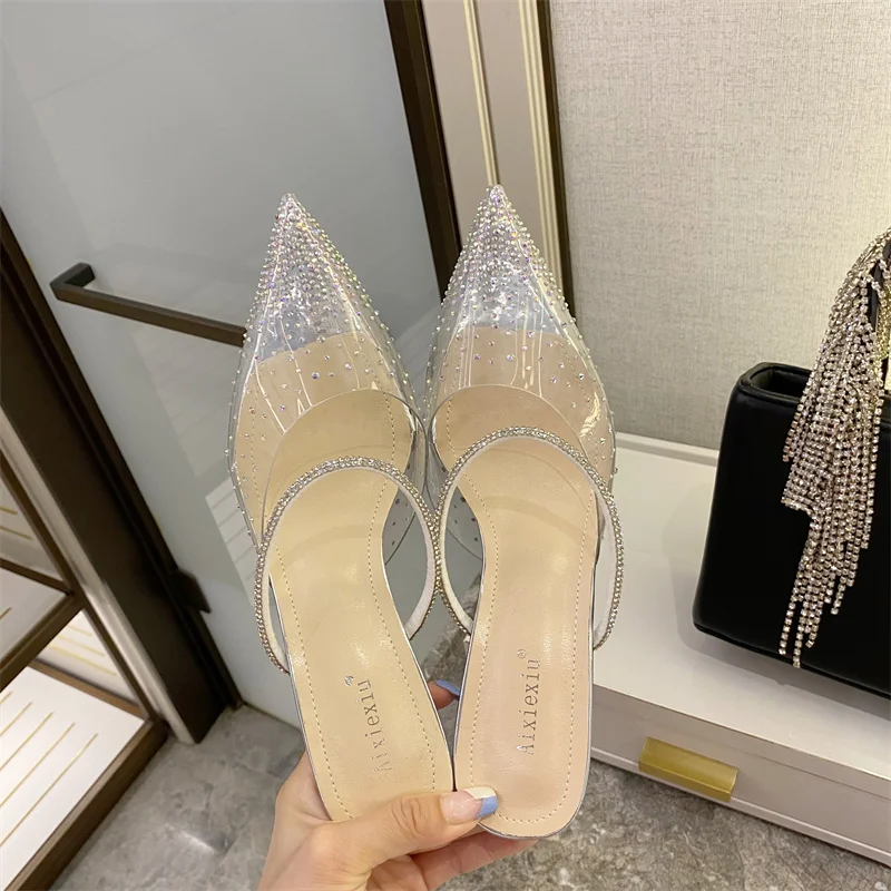 

Женские прозрачные туфли без задника, серебристые туфли-лодочки из ПВХ на необычном высоком каблуке с острым носком, обувь с кристаллами, но...