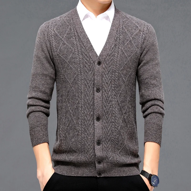 Men's Cardigan 100 Pure Wool Autumn and Winter New V-neck Thickened Jacquard Korean Casual Men's Knitted Wool Cardigan Jacket