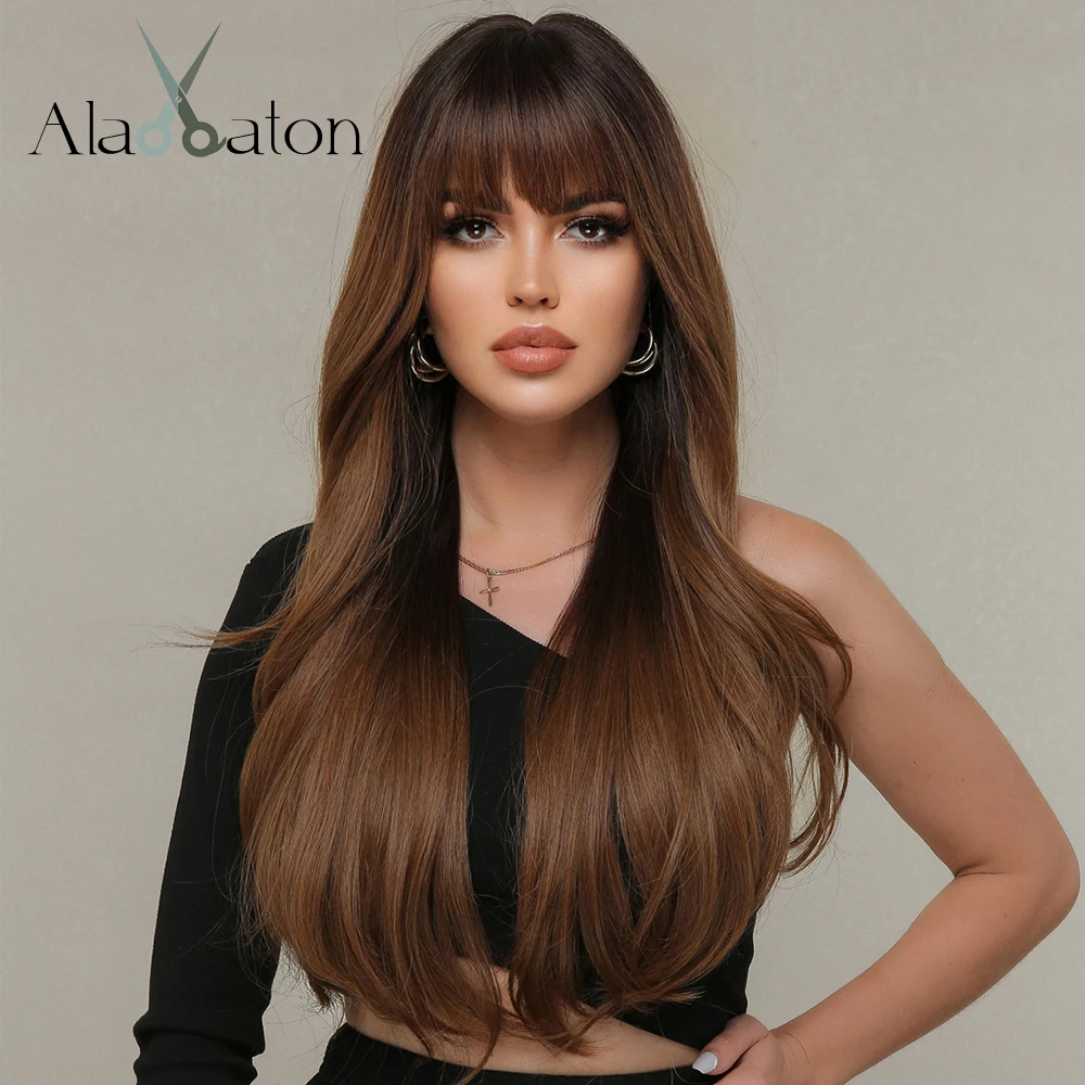 

ALAN EATON Dark Roots Brown Long Wavy Synthetic Wigs for Women Natural Looking Heat Resistant Wig with Bangs Daily Use Fake Hair