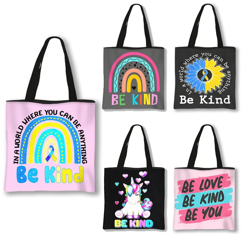 

Cute Be Kind Unicorn Rainbow Pattern Handbag Women Canvas Shoulder Bags Causal Totes Bag Large-capacity Shopper Bags Gift