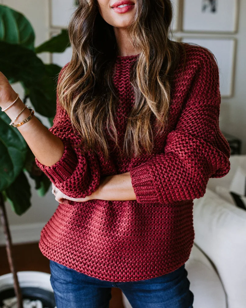 

Knitted Pullover Loose Sweater Women 2021 Autumn and Winter New Fashion Street Red Round Neck Long Sleeve Pullover Sweater