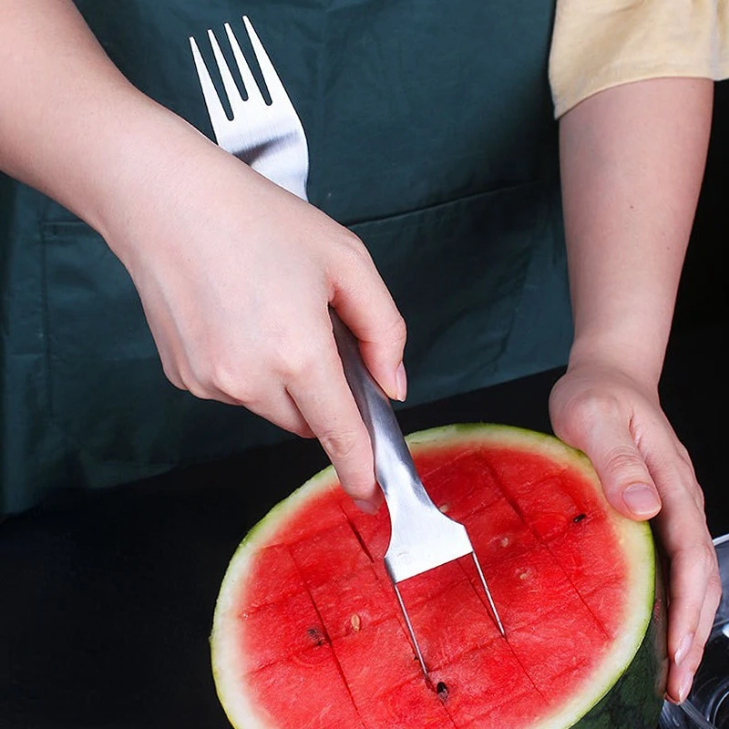 2 In 1 Watermelon Fork Slicer Multi-purpose Watermelon Slicer Cutter Knife Stainless Steel Kitchen Fruit Cutting Fork