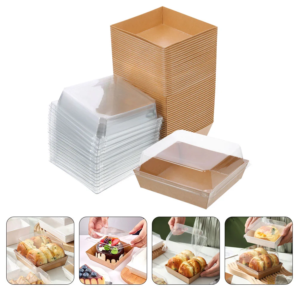 

50 шт. портативные пищевые коробки, герметичные бумажные коробки, упаковка для торта, хлеба, салата, товар с прозрачной крышкой