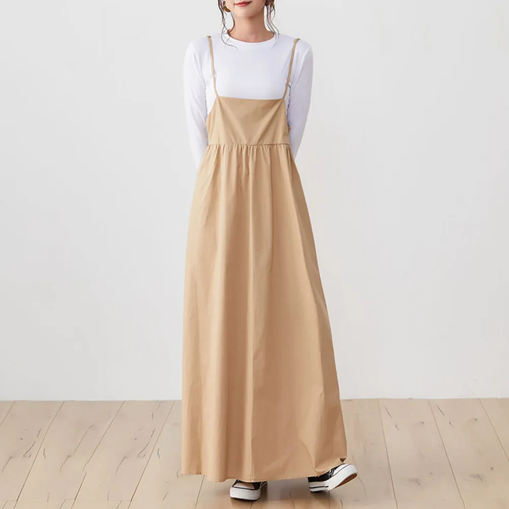 

Платье на бретелях для женщин, плиссированное повседневное свободное однотонное платье до щиколотки без рукавов, корейская мода, Цельный Н...