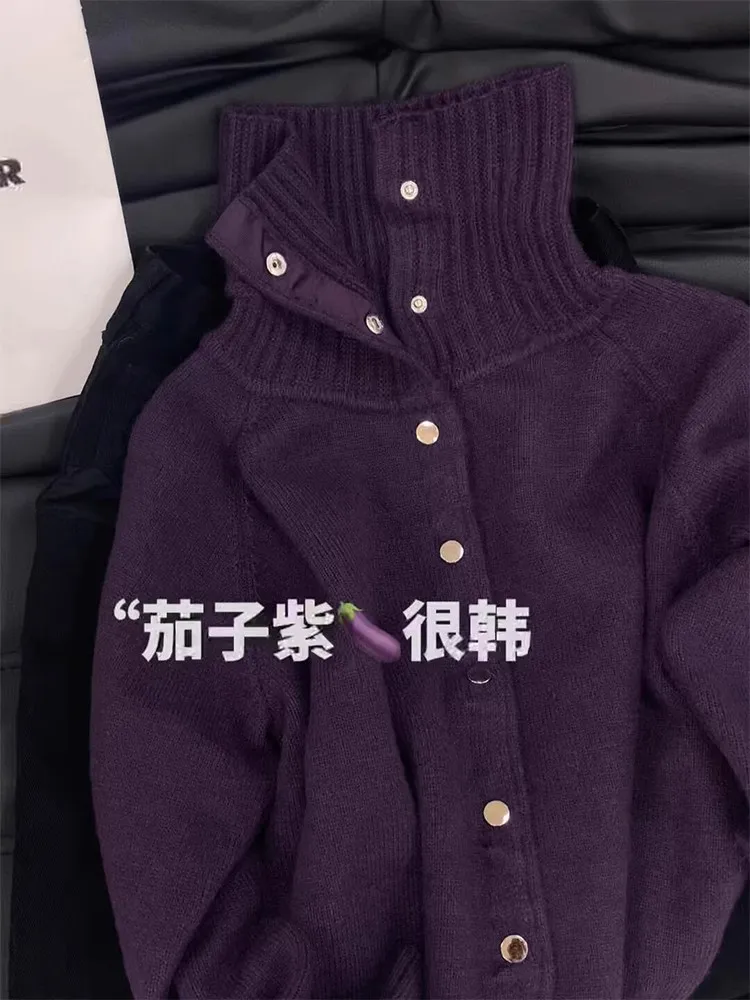 2024 фиолетовые женские однобортные вязаные толстые свободные свитера куртка