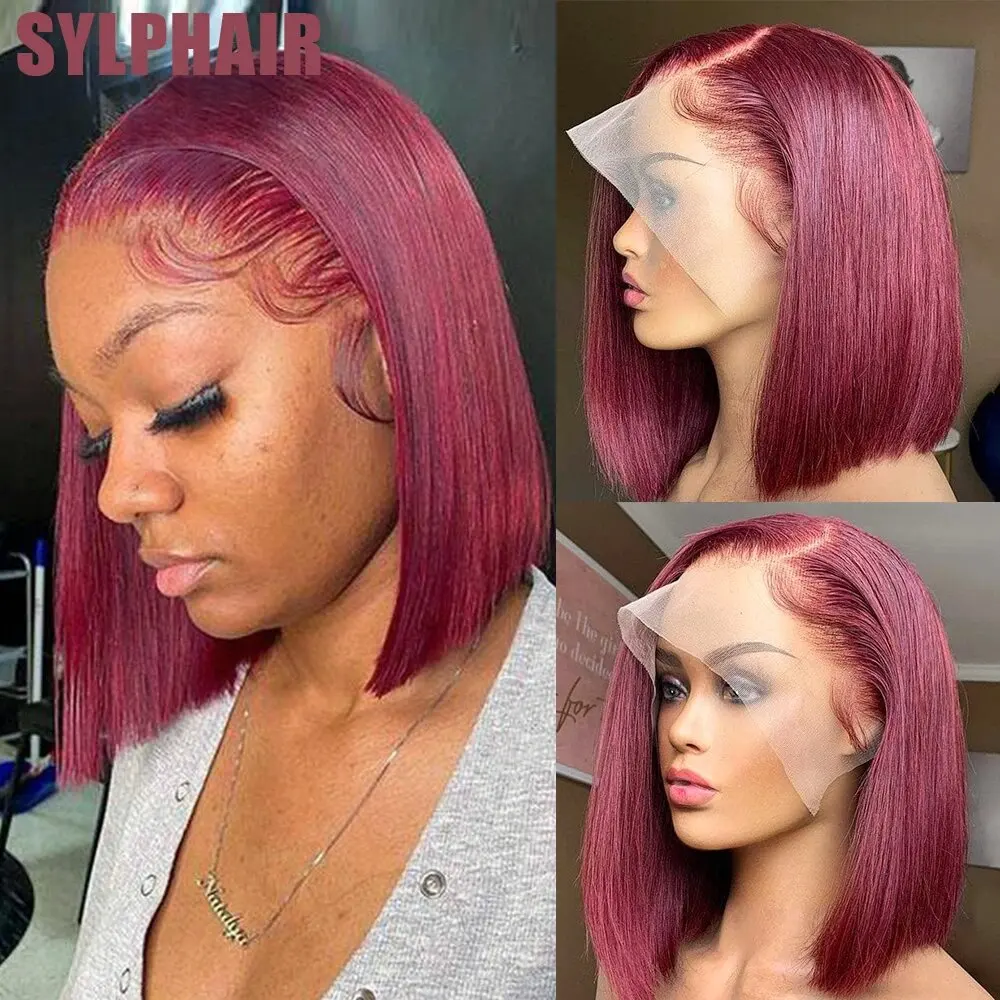 Ed Human Hair Lace Frontal Wigs Ombre 4x4 Closure 99j Red Straight Bob Lace Front W