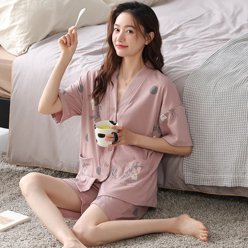 Cotton Women Pajamas Sets Pyjamas Female V-Neck Loungewear Pijamas Short Sleeve Button Down Top Shorts Suit Sleepwear Nightwear