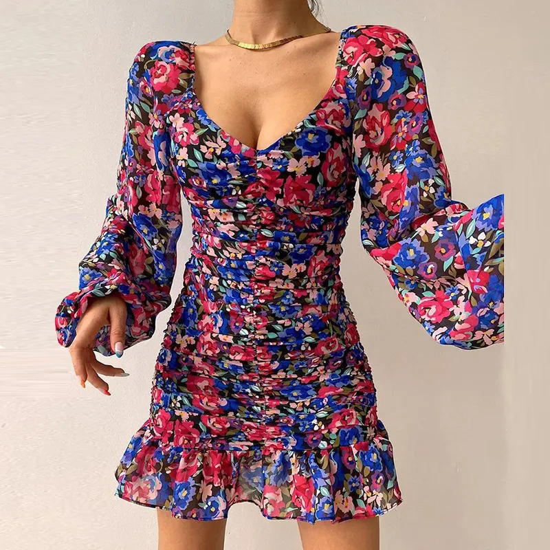 

Autumn 2023 New Women's Dress Elegant Pleated Printed Lantern Sleeve Dress Women
