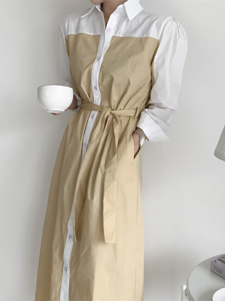 

Spring Autumn Women Elegant Patchwork Shirt Dress Female Casual Single-Breasted Lace-up Dress Lady Party Clothes