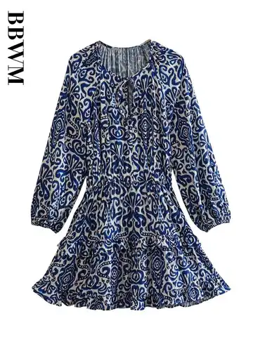 Print Short Dress Women Lace-up O Neck Dress Woman Long Sleeve Mini Summer Dresses Women 2023 Laminated Decorate Hem Dresses