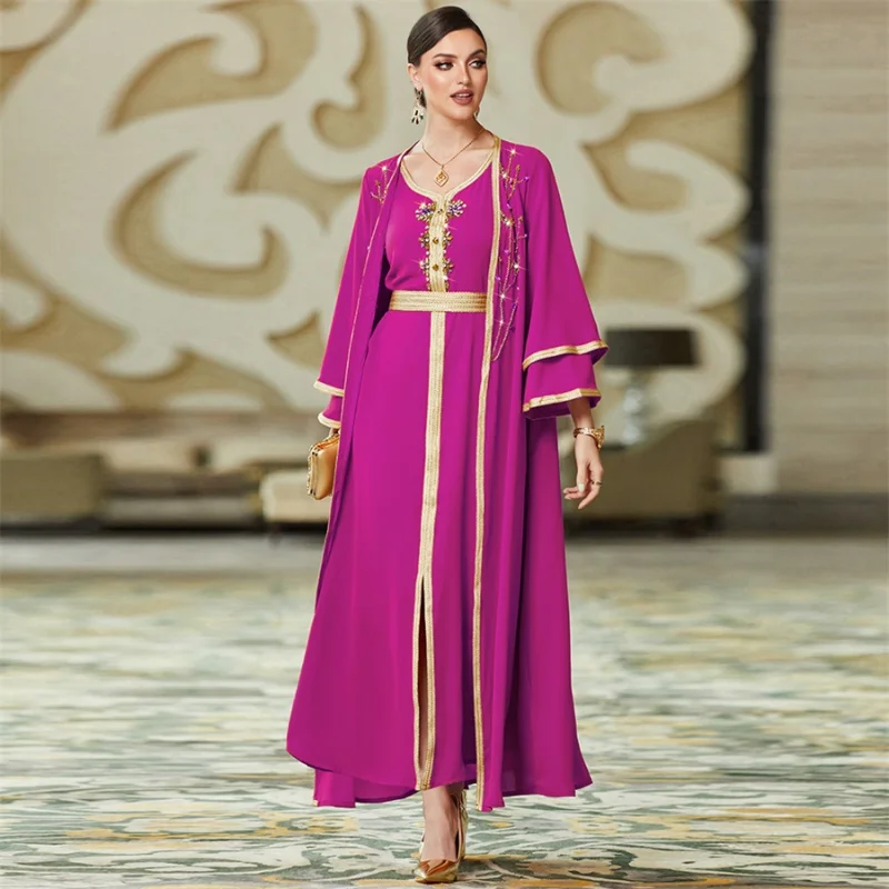 Eid-al-Adha Party Evening Abaya Dress Set for Women Gorgeous Rhinestone Golden Tape Trim Moroccan Caftan Arab Dubai 2 Pieces Set