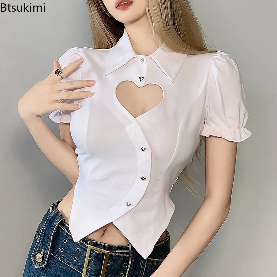 

Pure White Shirts Women Irregular Feeling Love Button All-match Street Y2K Tops Harajuku Shirt Tight Women Navel Short Top 2022