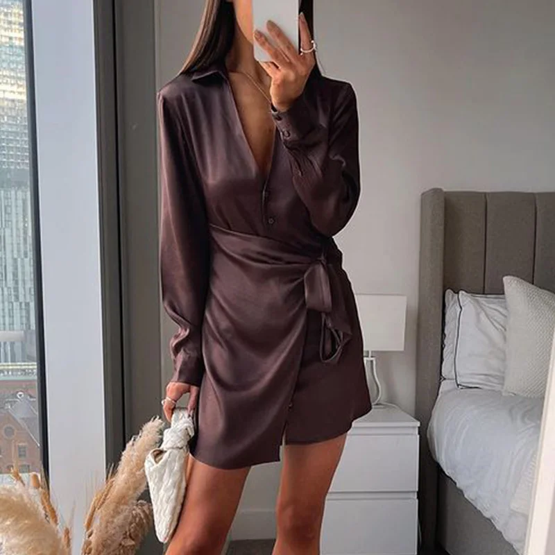 

Женское коричневое атласное платье, весеннее платье-рубашка с V-образным вырезом и длинным рукавом, Женские винтажные элегантные вечерние п...