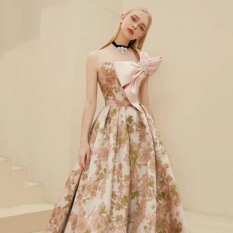 

14208#IENA Elegant Crystal Beading Bow One Shoulder Draped Ball Gown Maxi Evening Dresses Club Party Dress Prom Gown Quinceanera